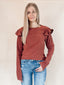 Soft Touch Striped Ruffle Shoulder Top - Brick Red