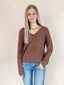 V Neck Ribbed Drop Shoulder Sweater - Mocha