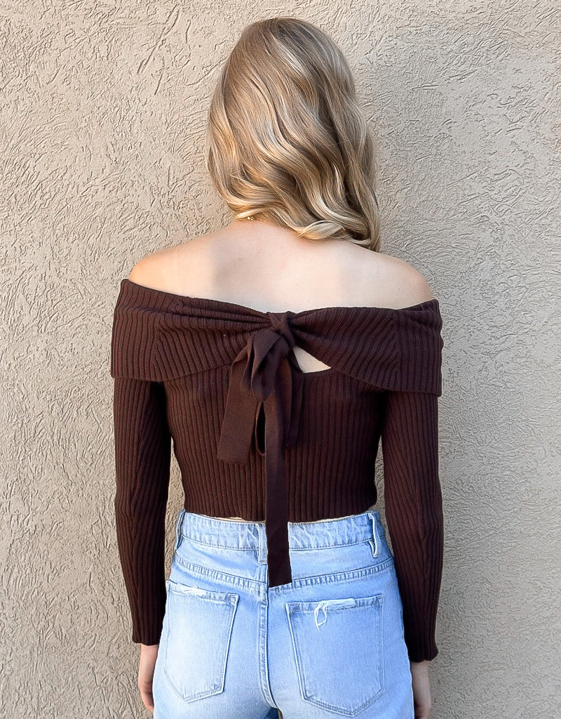 Off Shoulder Tie Back Ribbed Sweater