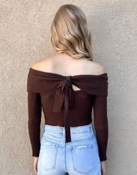 Off Shoulder Tie Back Ribbed Sweater