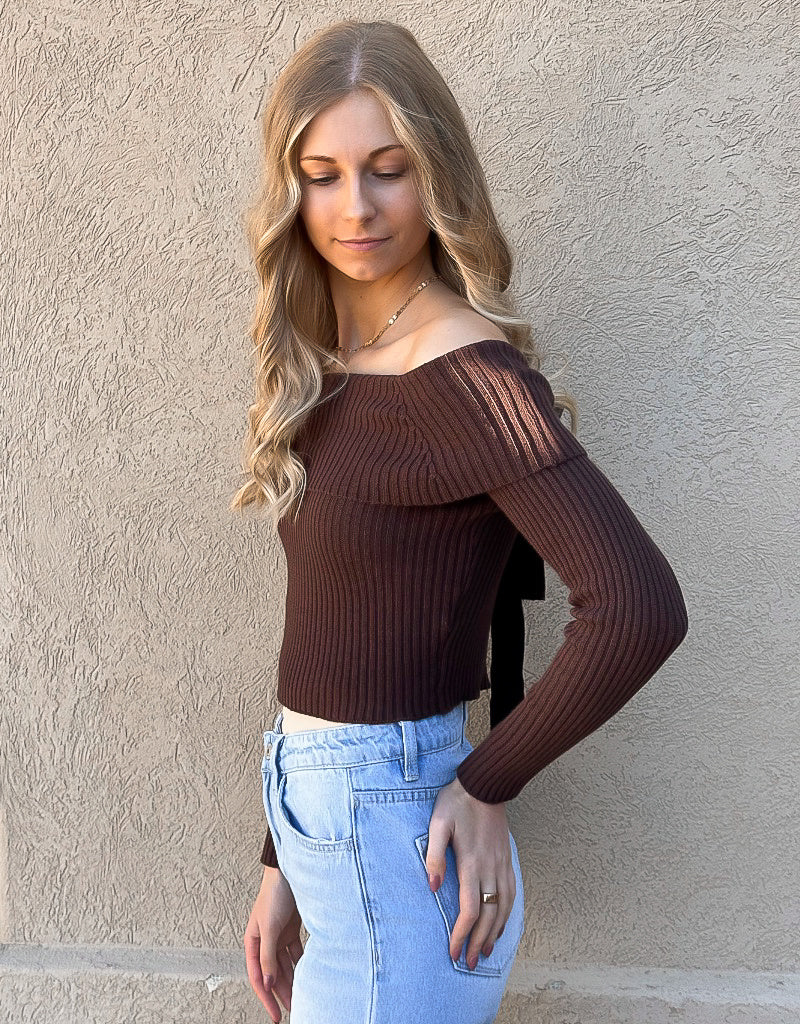 Off Shoulder Tie Back Ribbed Sweater