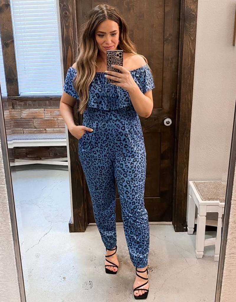 Off Shoulder Short Sleeve Leopard Jumpsuit