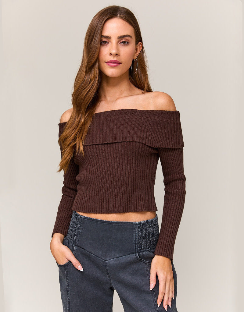Off Shoulder Tie Back Ribbed Sweater