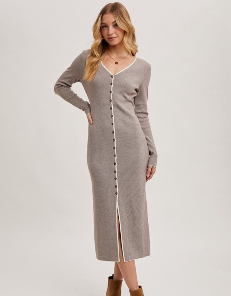 V-Neck Button Down Striped Midi Dress - Cocoa