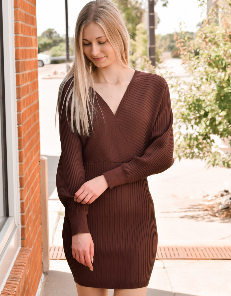 V Neck Sweater Dress - Brown L V Neck Sweater Dress - Brown L